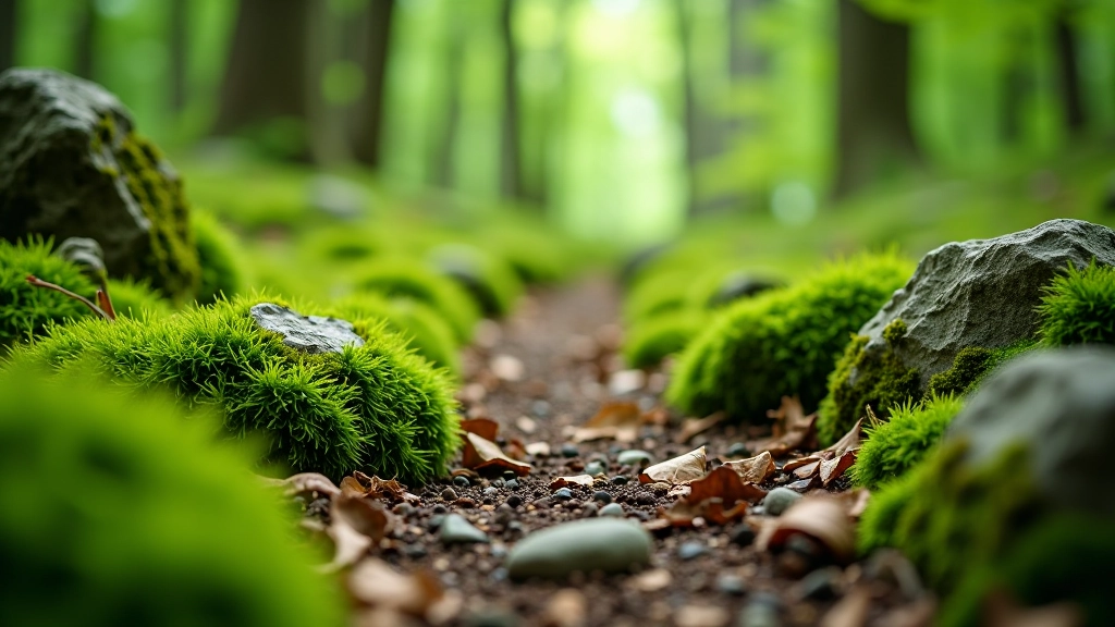 Zbliżenie na różnorodne zieleń roślin leśnych i kamienie na dnie doliny, pokazujące naturalne warunki na szlakach