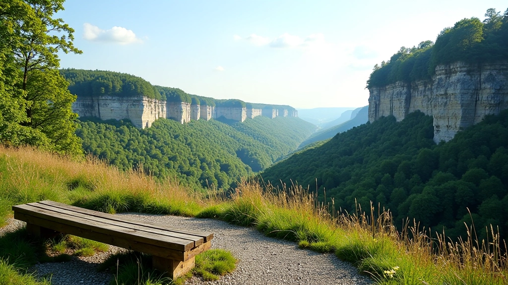 Punkt widokowy na trasie z panoramą Ojcowa i doliny, mała ławka dla pieszych